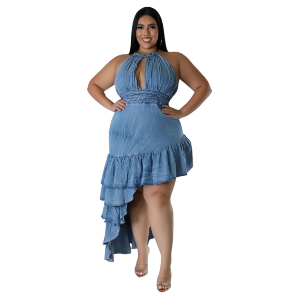 Blue Asymmetrical Ruffled Backless Jeans Plus Size - Picture 9 of 12